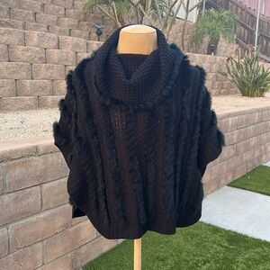 Dolce Cabo black cowl neck cape poncho sweater with real rabbit fur size L/XL